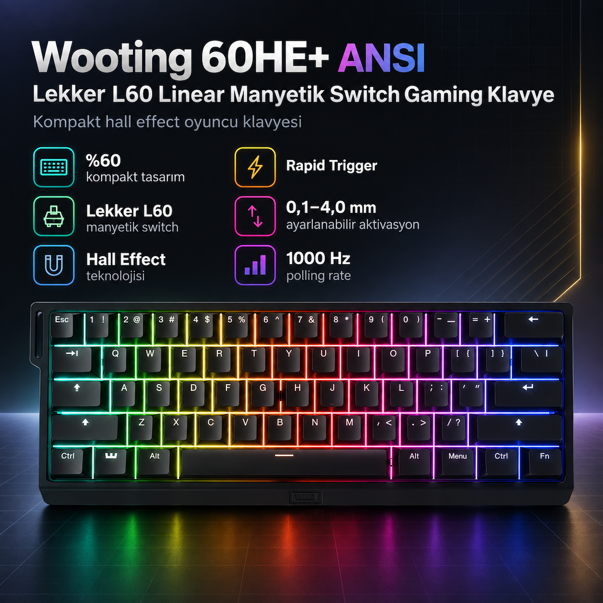 Wooting 60HE+ ANSI Lekker L60 Linear Manyetik Switch Gaming Klavye (WK3-US2-L60-102)