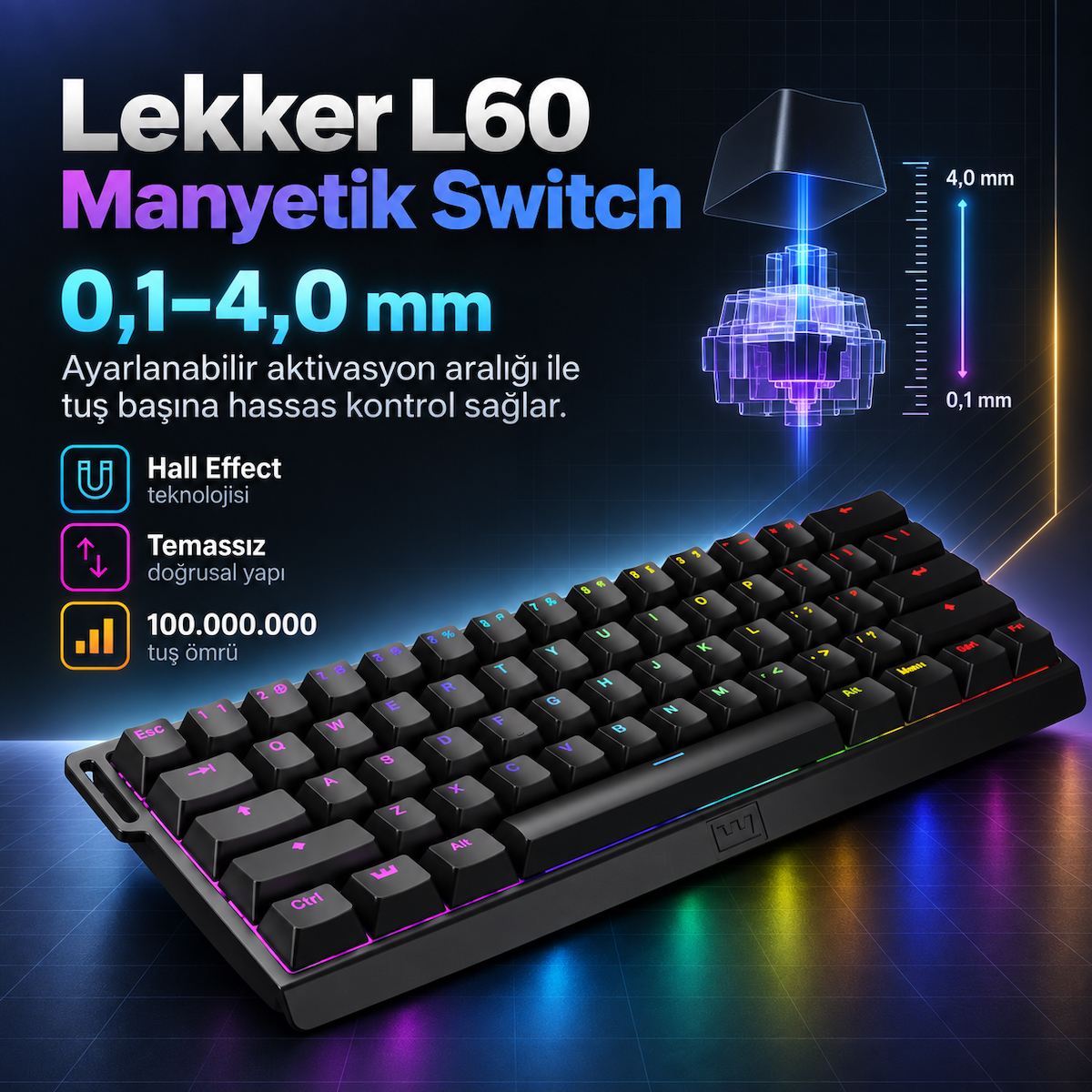 Wooting 60HE+ ANSI Lekker L60 Linear Manyetik Switch Gaming Klavye (WK3-US2-L60-102)