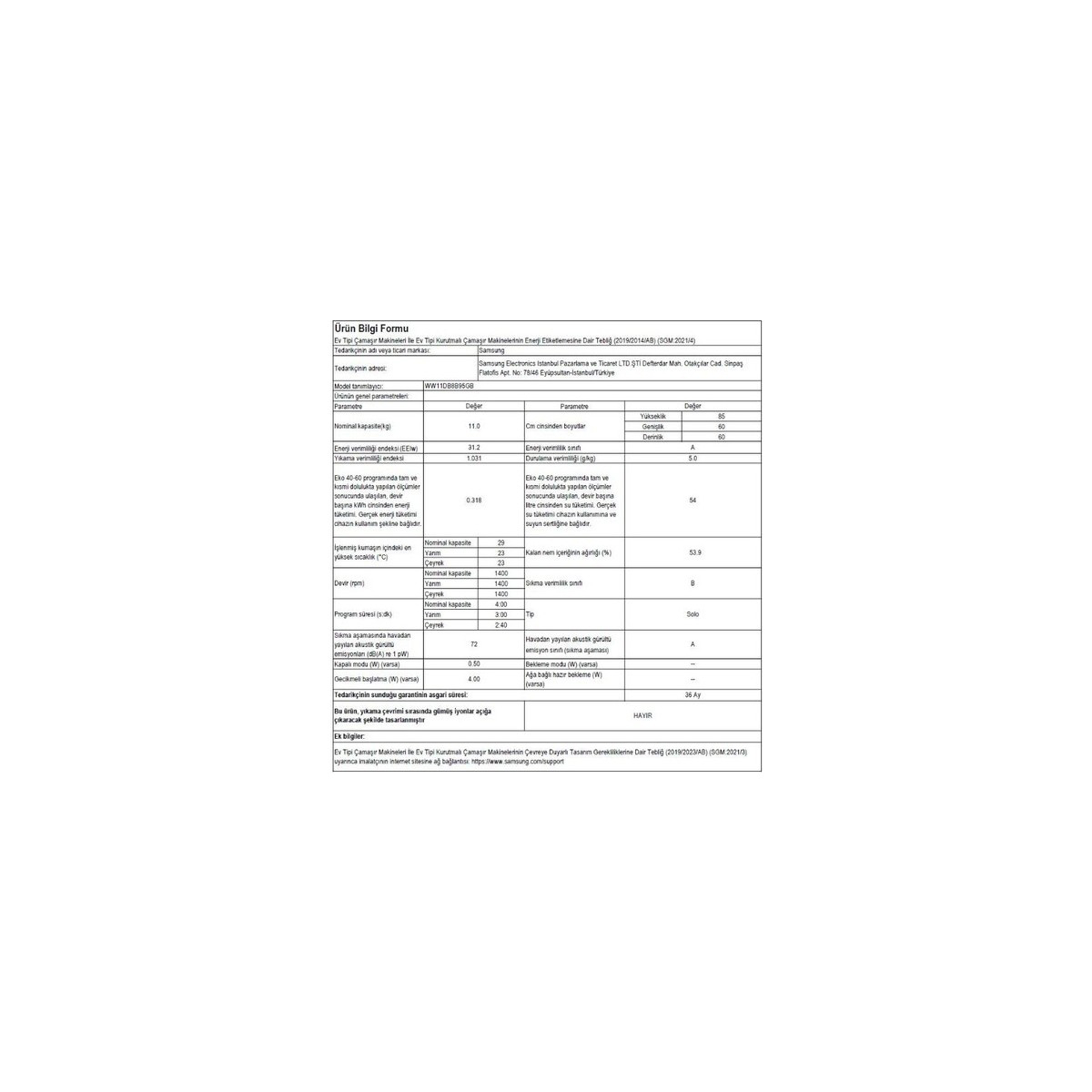 Samsung WW11DB7B34GBAH 1400 Devir 11 kg Çamaşır Makinesi