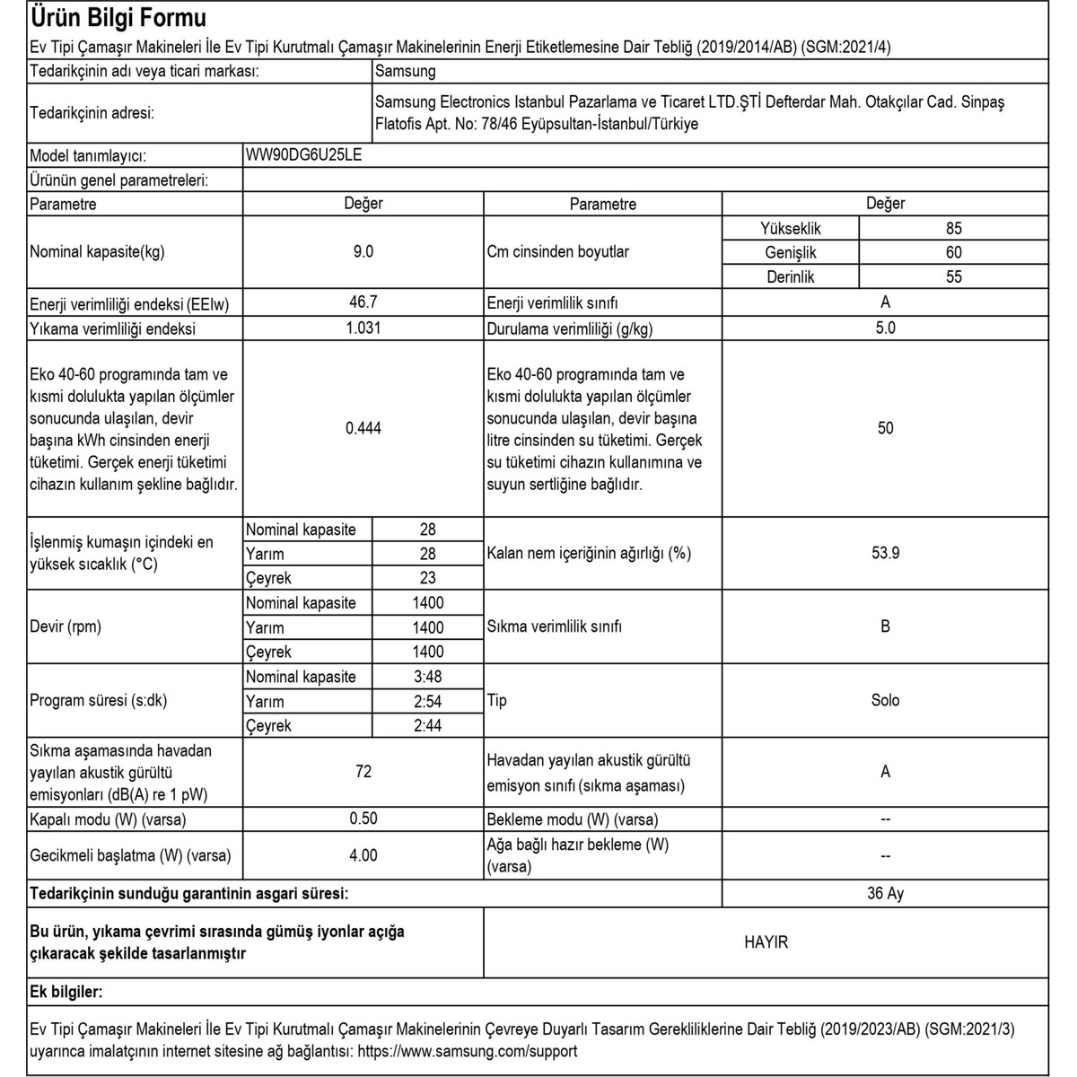 Samsung WW90DG6U25LEAH 9 kg 1400 Devir Çamaşır Makinesi