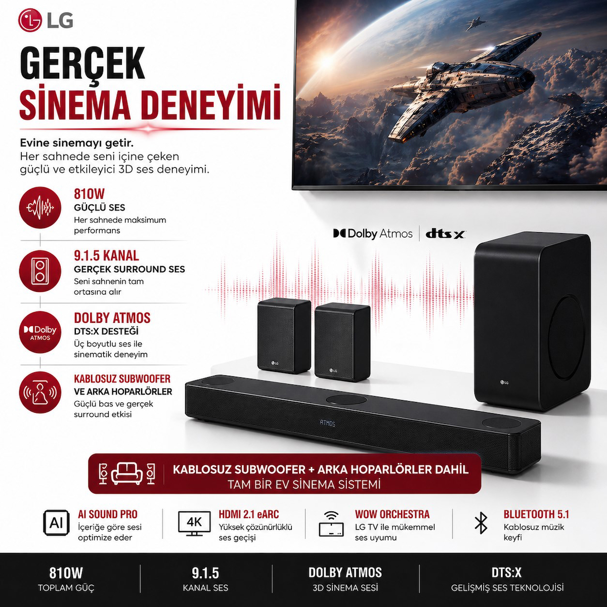 S95TR 9.1 Kanal 810 W Güçlü Soundbar Modern Tasarım ile Sinema Keyfi, 810 W Akıllı Ev Sinema Sistemi