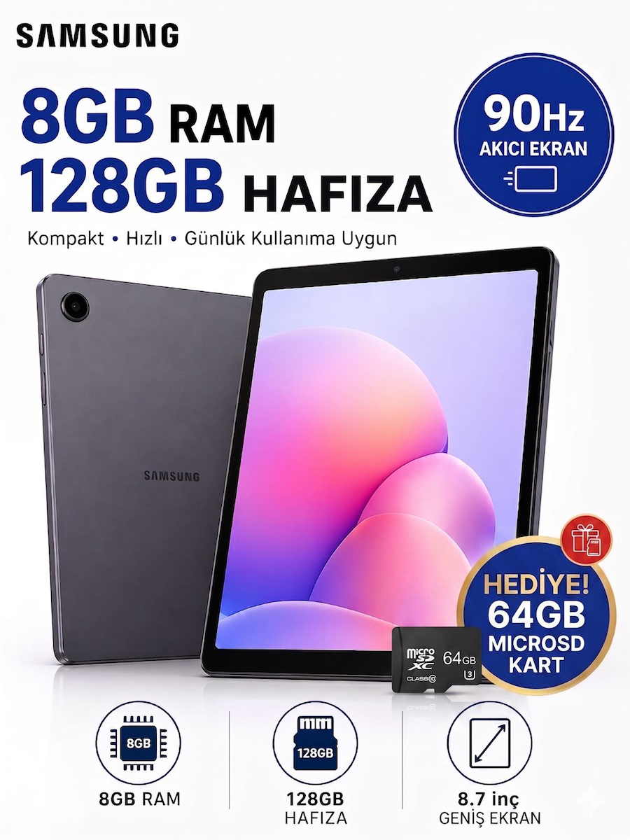Samsung 8.7 İnç Geniş Ekranlı 8 Gb Ram Ve 128 Gb Dahili Hafızalı Wi-Fi Ve Bluetooth Android Tablet