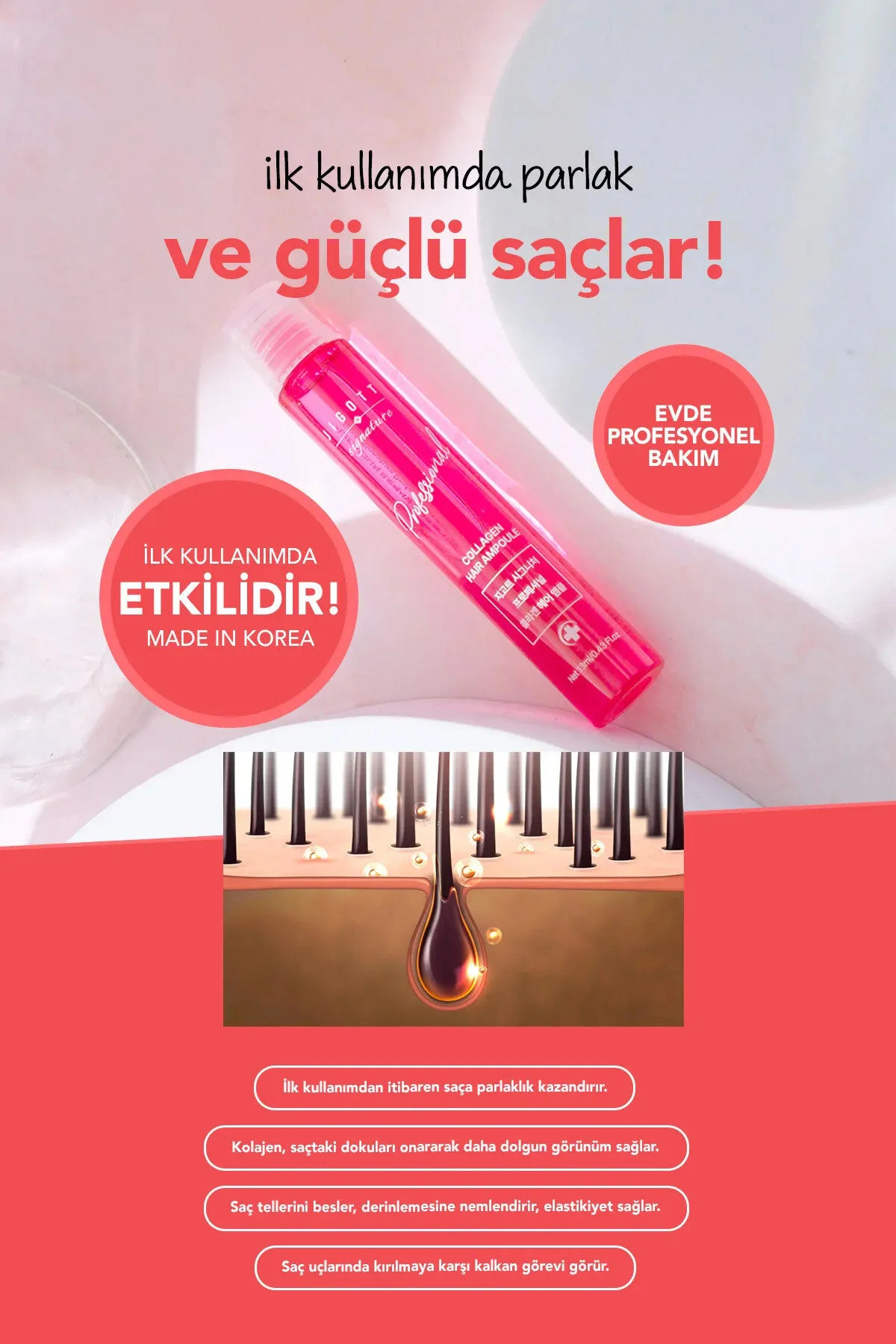 Kolajen İçeren Konsantre Saç Bakım Serumu Jigott Professional Collagen Hair Ampoule 13 ml