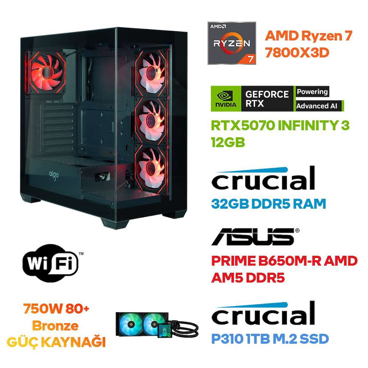 Game Garaj Elite S4 AMD Ryzen 7 7800X3D 32GB RAM 1TB SSD RTX5070 240mm Sıvı Soğutma FreeDOS Oyuncu Tavsiye Sistem