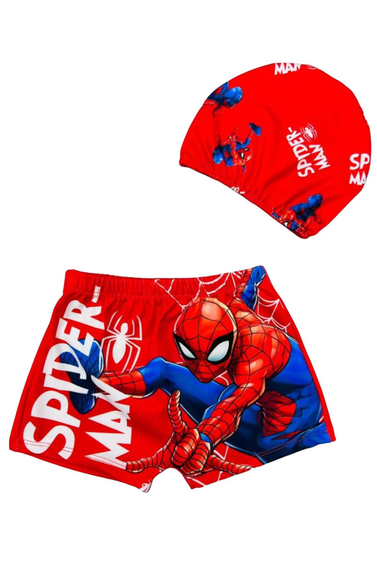 Erkek Çocuk Örümcek Adam Baskılı Spiderman Temalı Mayo Şort Bone 2 Li Set