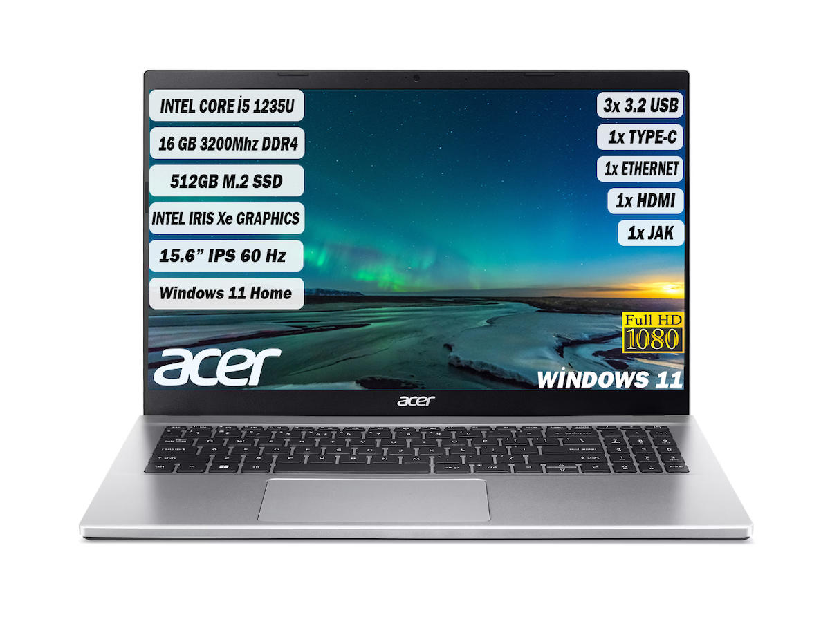 Acer Aspire 3 I5-1235U 16 GB 512 GB SSD 15,6" Fhd IPS W11 Gümüş NX.K6TEY.002+165