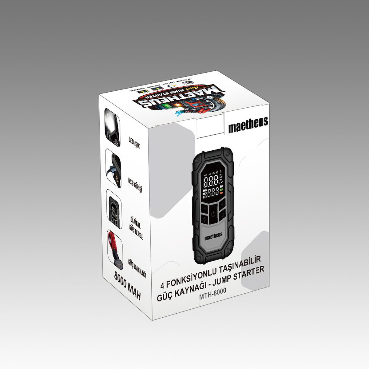 4in1 Akü Takviye Ateşleyici Lastik Şişirme Kompresörü Powerbank LED Işık 150 PSI 8000mAh