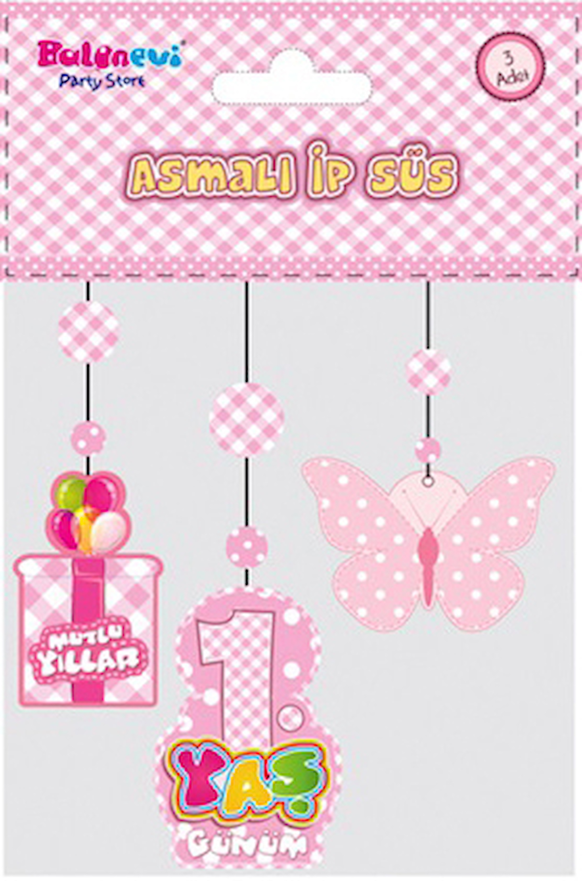 1 Yaş Temalı Asmalı İp Süs Pembe Renk 3 lü Set 12x45 cm (4172)