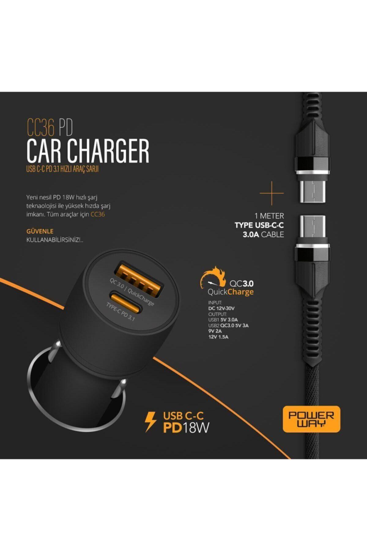 Pd 18w 3.1a Usb-c / Type-c Kablolu Araç Şarjı Powerway Cc36