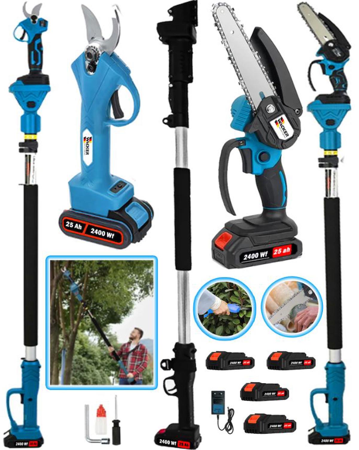 Wacker Alman 3Lü Set Blue 2400 Wf Brushles Kömürsüz Motor 4 ADET Akülü 2.7 Metre Teleskopik Hediyeli + Akülü Dal Budama + Bağ Makası