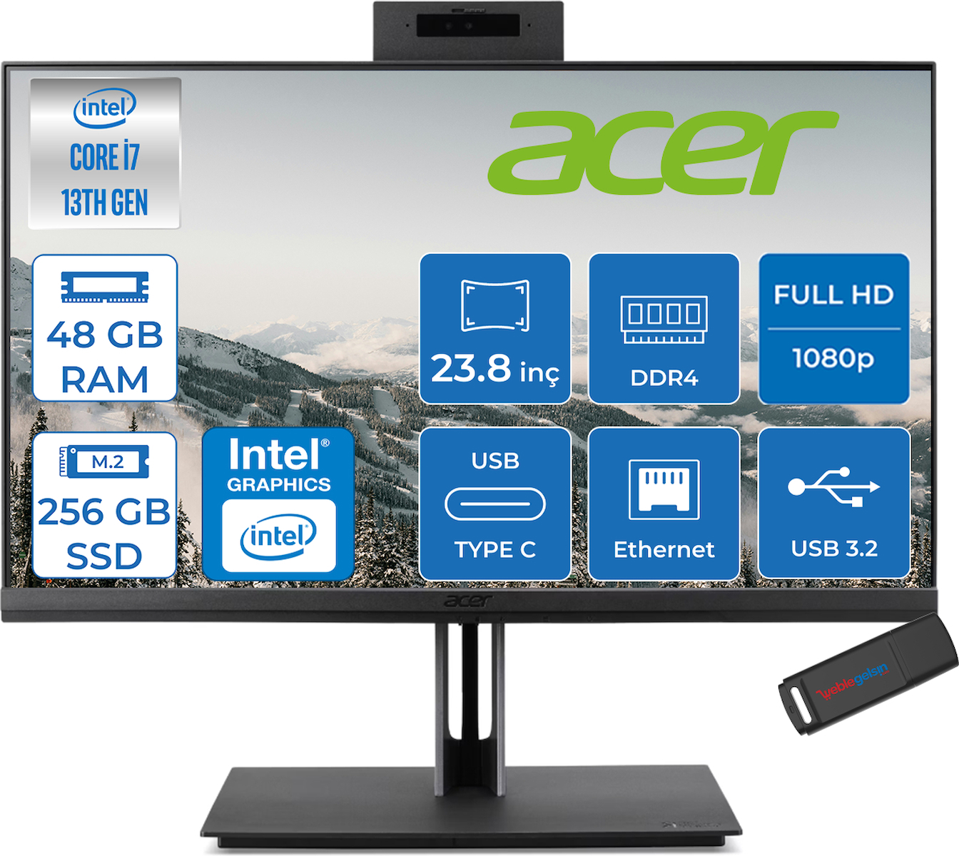 Acer Veriton 4000 VZ4714GT Intel Core I7 13700 48GB Ram 256GB SSD Freedos UHD Graphics 23.8″ Yükseklik Ayarı, Pivot, Vesa Desteği Fullhd All In One Bilgisayar DQR03EM00GF26 + Zetta Flash Bellek