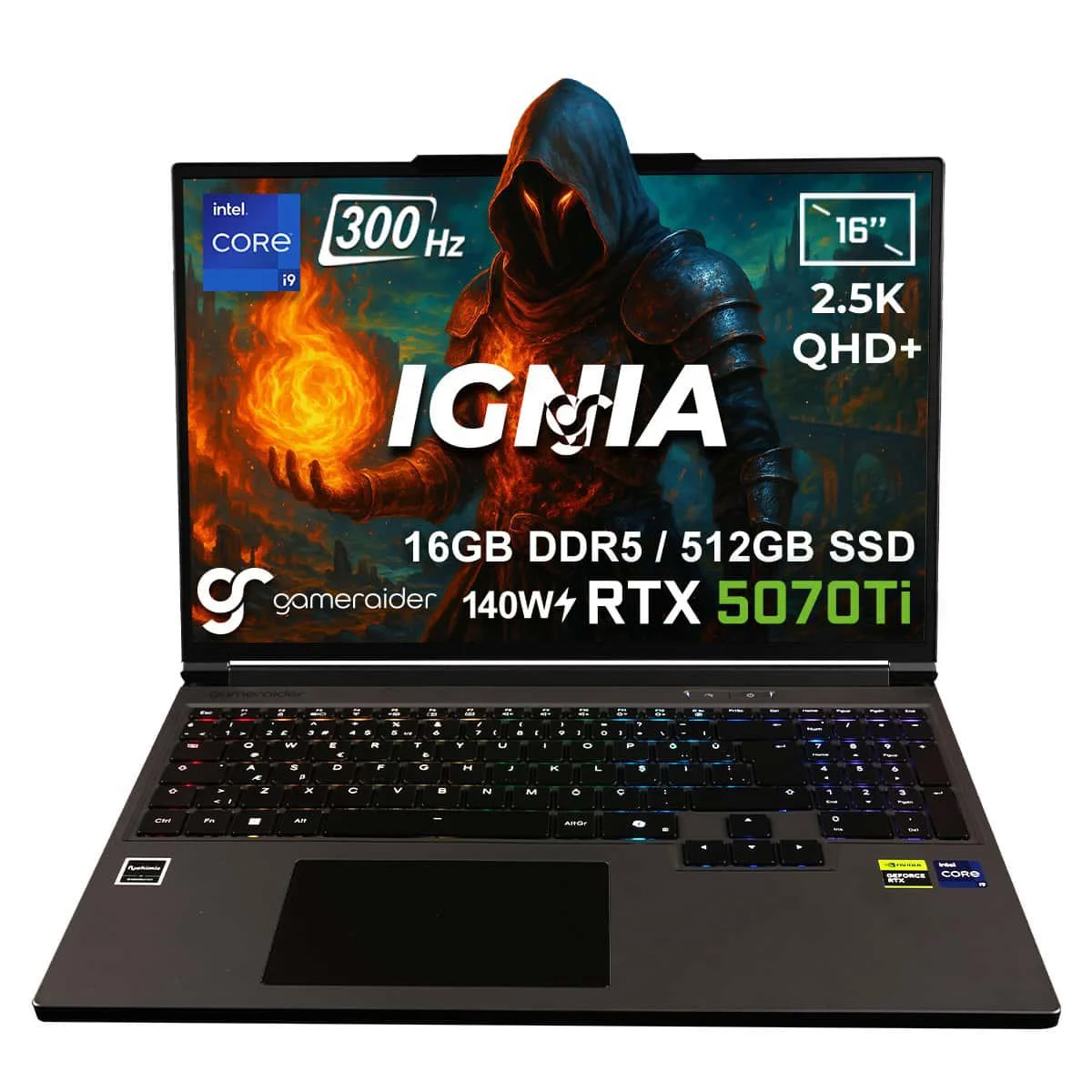 GameRaider IGNIA GR16 Intel Core i9-14900HX GeForce RTX 5070Ti 12GB 140W 16GB DDR5 512GB SSD 16 inç 2.5K QHD+ 300Hz FreeDos Gaming Laptop