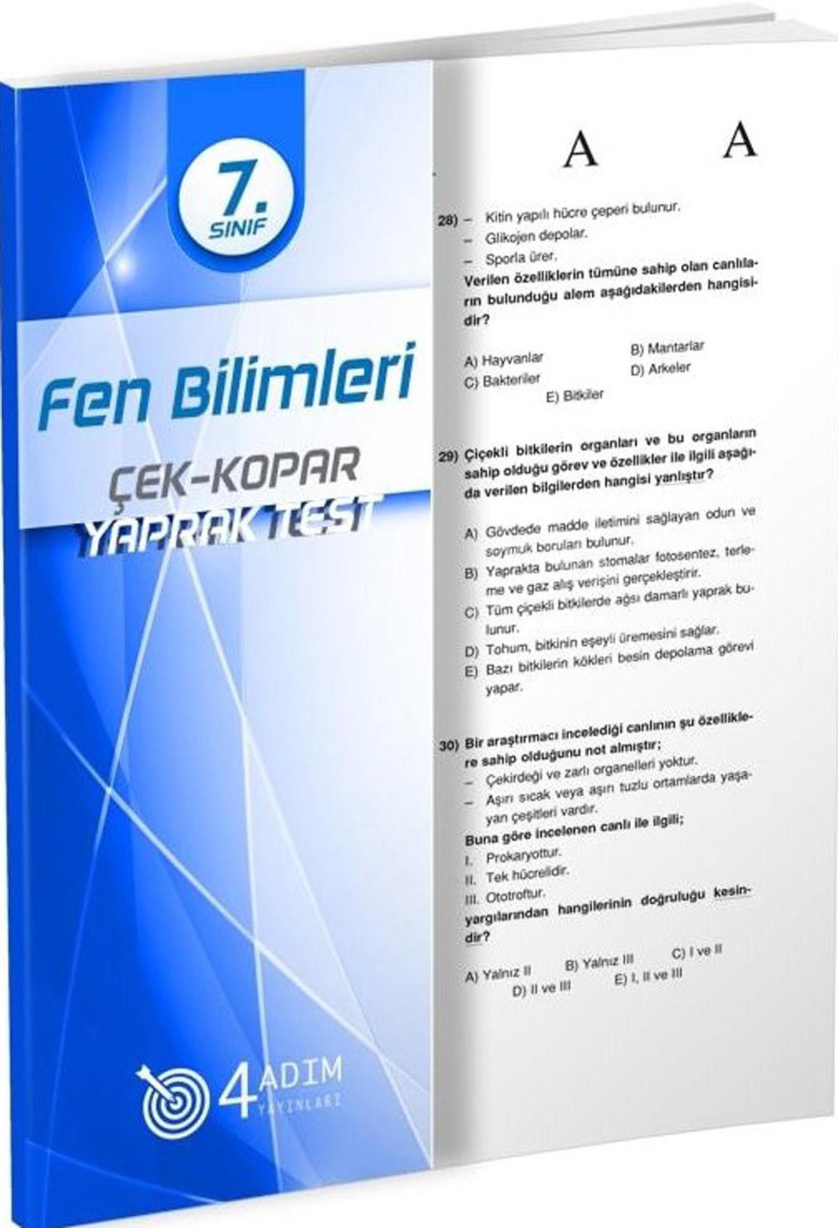 4 Adım 7. Sınıf Fen Bilimleri Çek Kopar Yaprak Test