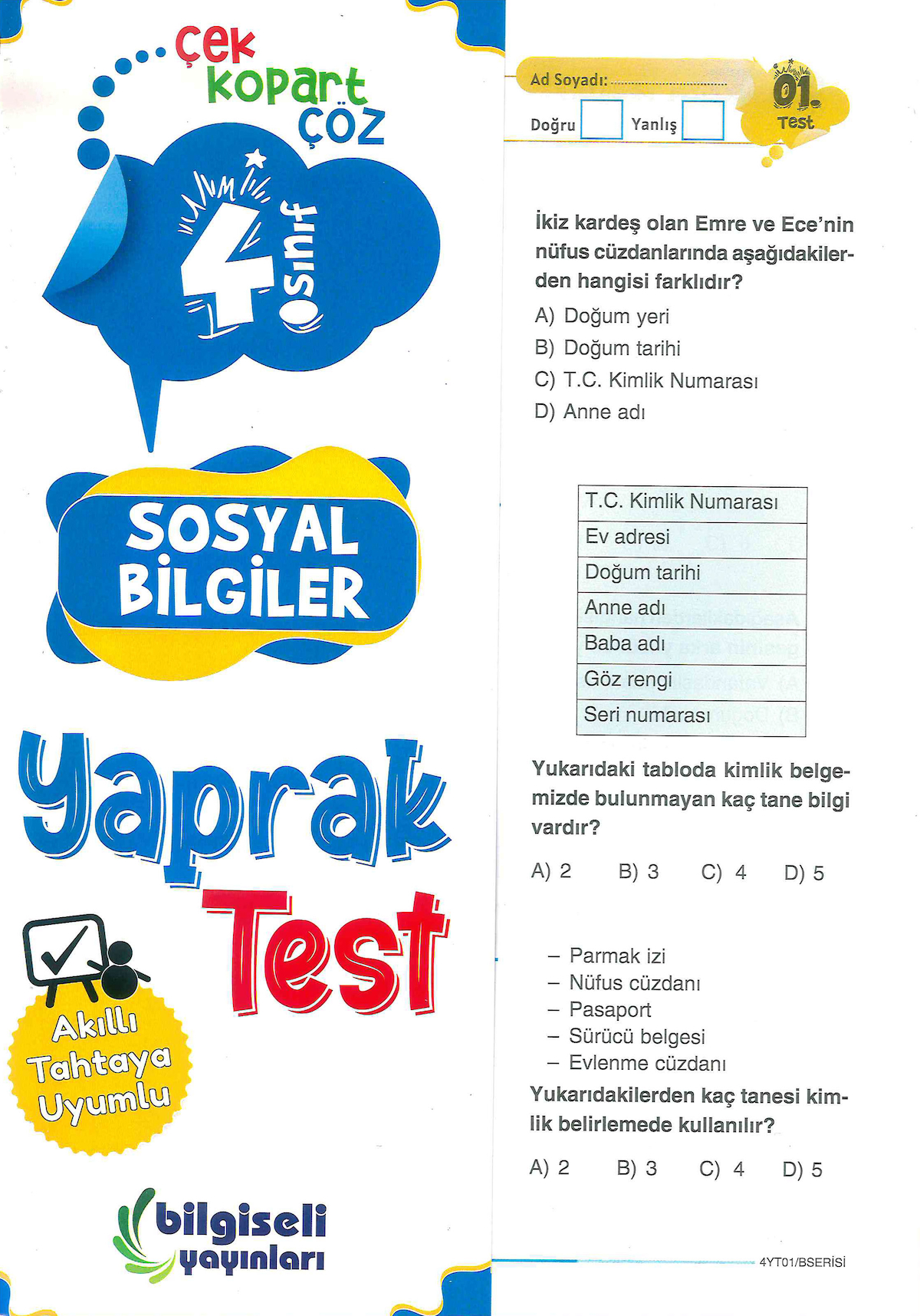 4. Sınıf Sosyal Bilgiler Yaprak Test