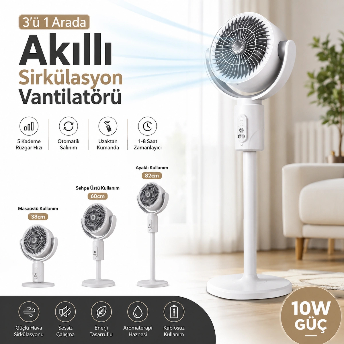 3’ü 1 Arada Akıllı Sirkülasyon Vantilatörü 10W Şarjlı Ayaklı Masaüstü Fan Uzaktan Kumandalı 5 Kademeli