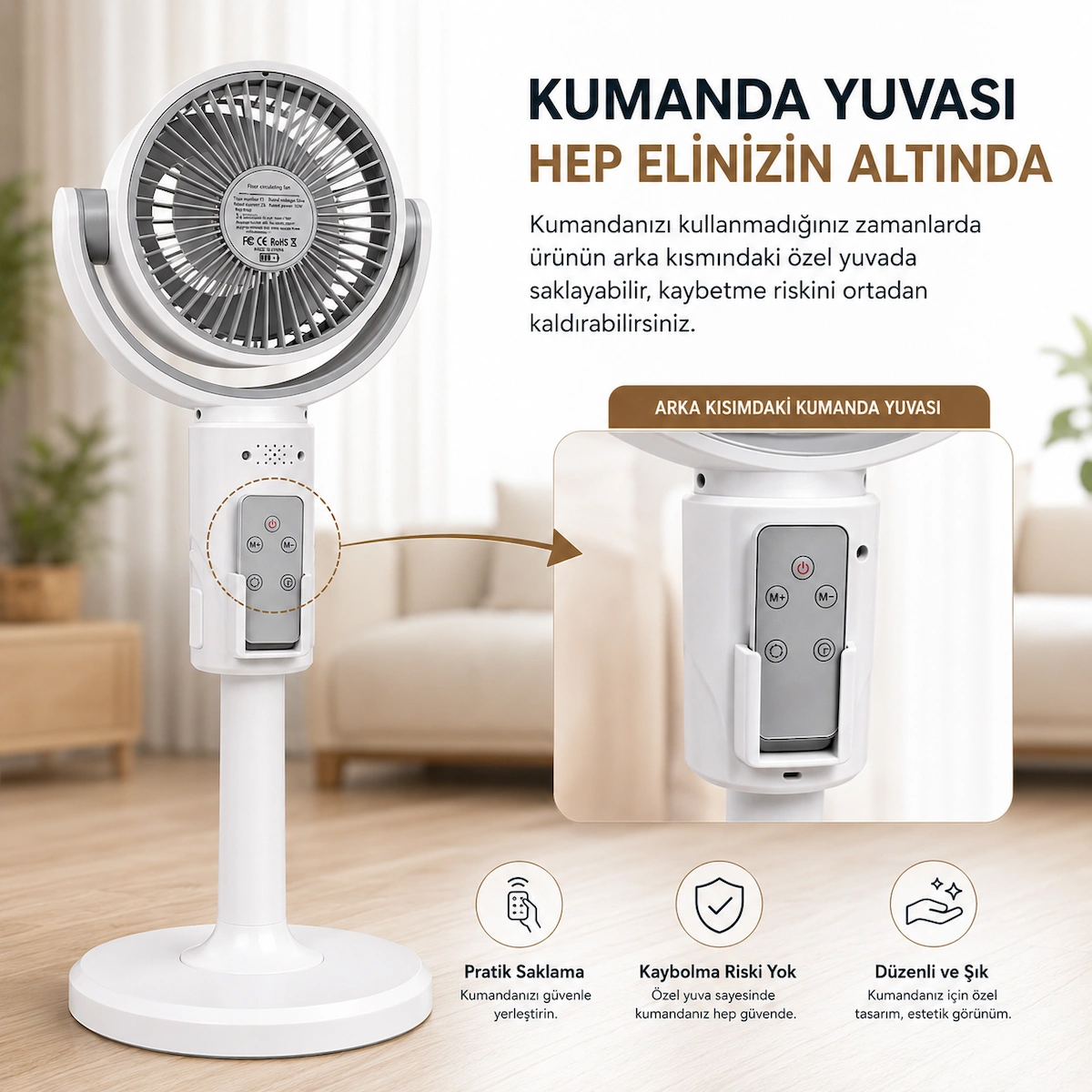 3’ü 1 Arada Akıllı Sirkülasyon Vantilatörü 10W Şarjlı Ayaklı Masaüstü Fan Uzaktan Kumandalı 5 Kademeli