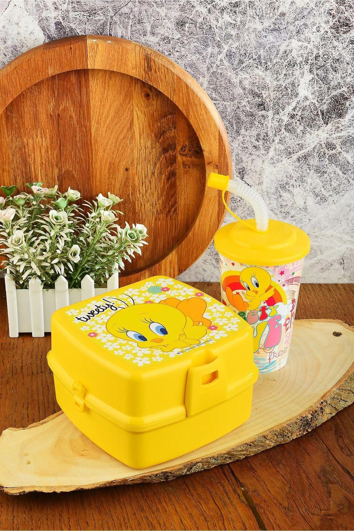 Tweety İki Katlı Beslenme Kutusu+Kapaklı Pipetli Bardak 400 ml.