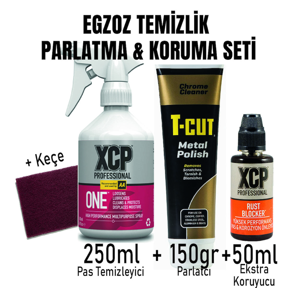 Motosiklet Egzoz Temizlik&Parlatma&Koruma Pak.(250ml XCP One + 50ml RB + Keçe)