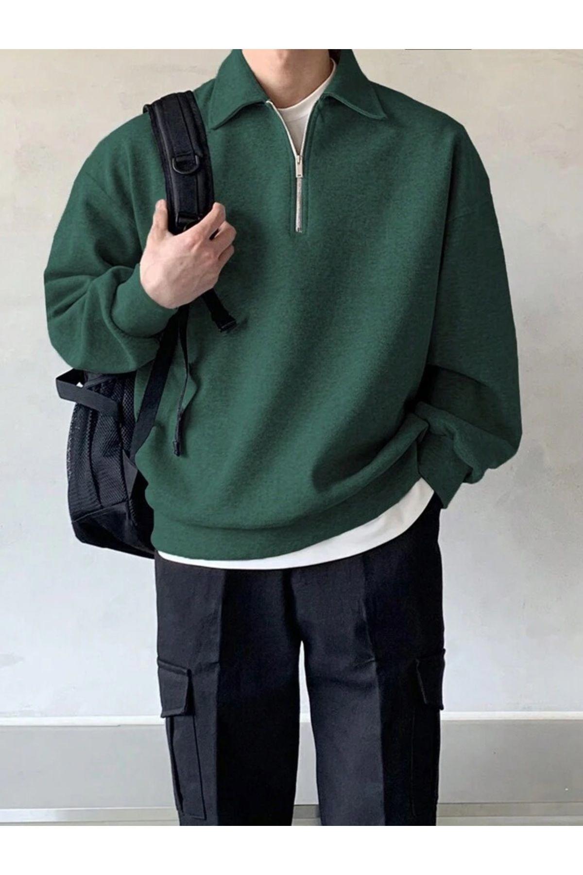 Erkek Polo Yaka Oversize Sweatshirt Yarım Fermuar Sweatshirt 