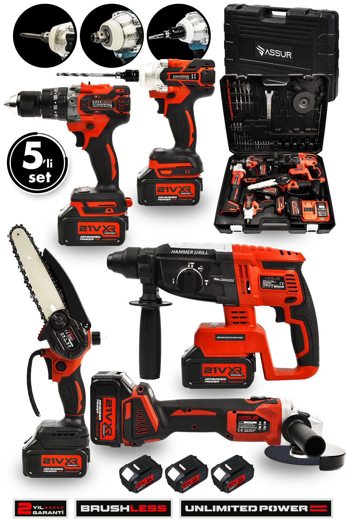 Assur 21V 2.0Ah 10 Pilli Kömürsüz Darbeli 5'li Set Şarjlı Hilti + Taşlama + Somun Sıkma + Akülü Vidalama + Budama Testeri