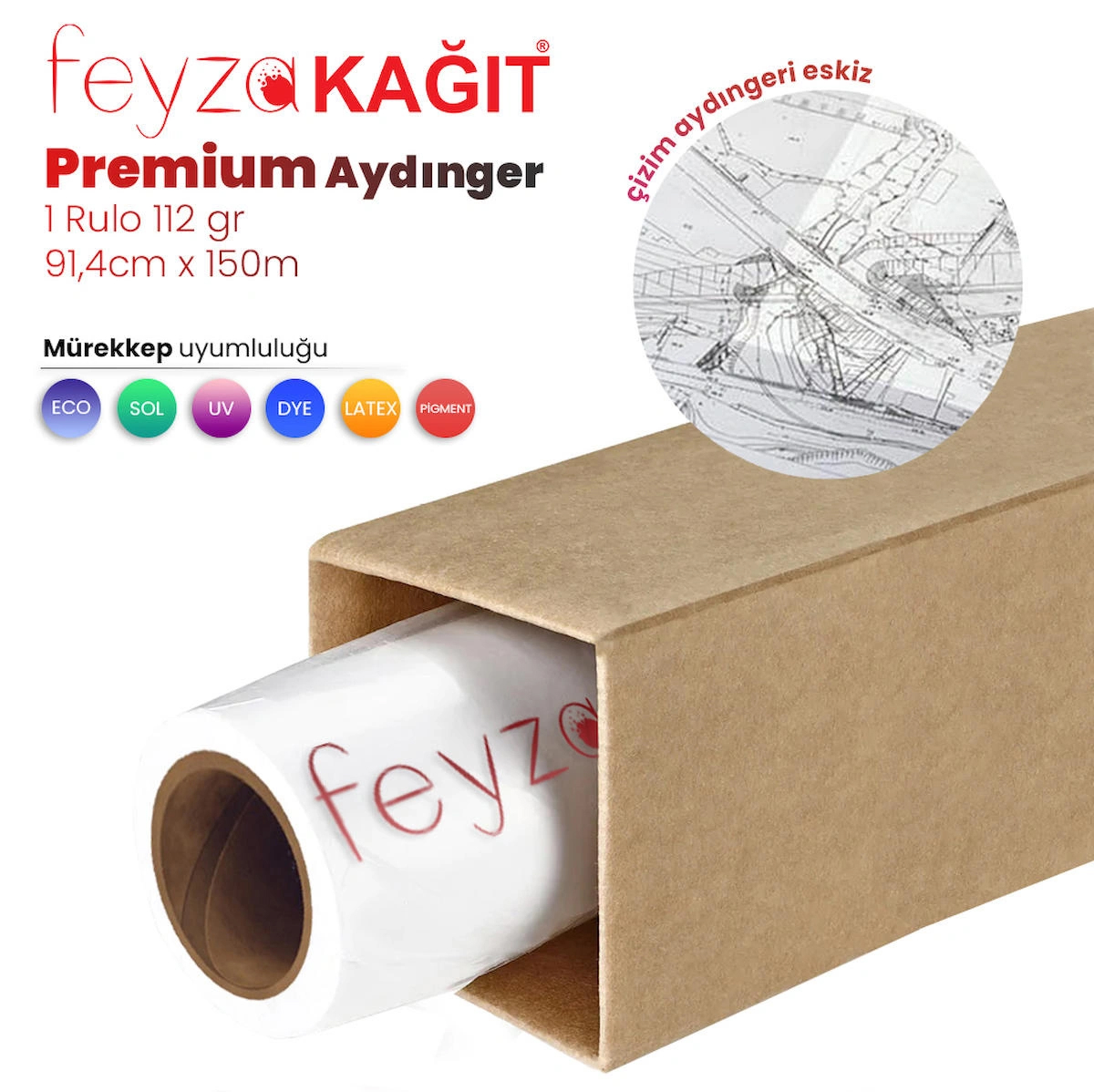 Feyza Kağıt® Plankopya Ozalit  Aydınger (Çizim) Kağıdı  112gr  Rulo 91,4cm x 150mt (1 Rulo)  								