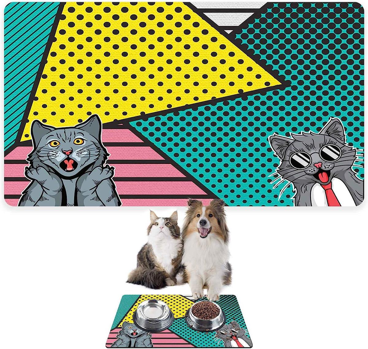 Monnhein Mama ve Su Evcil Hayvan Beslenme Matı, Kolay Temizlenen Emici Su Geçirmez Kumaş, Küçük Orta Boy ve Büyük Kedi ve Köpekler için Dayanıklı Köpek Kedi Paspas (50x35, Popart)