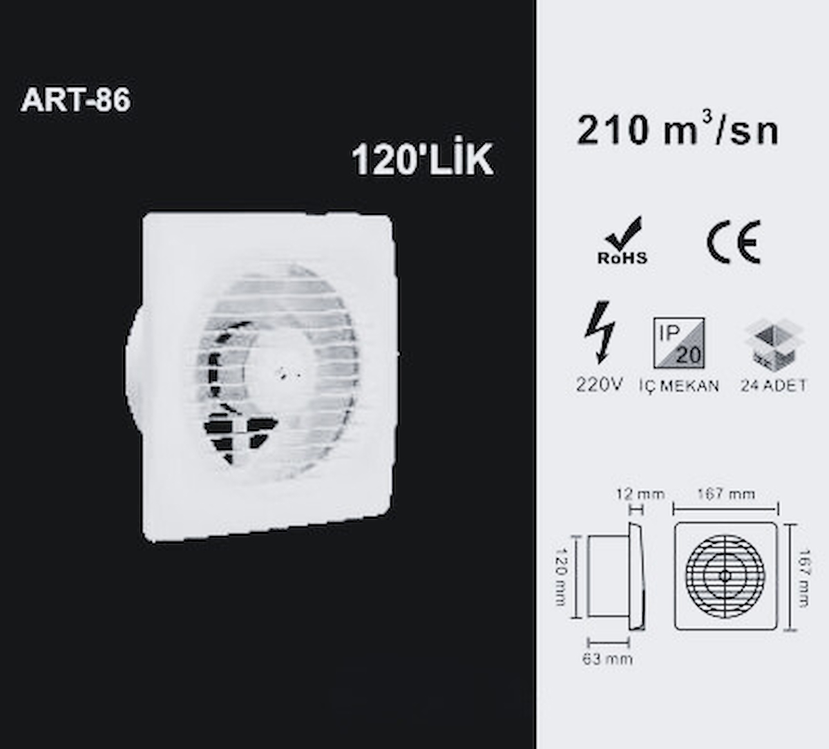 Artı Led 120lik Banyo Tuvalet Aspiratör Havalandırma Fanı 12cm