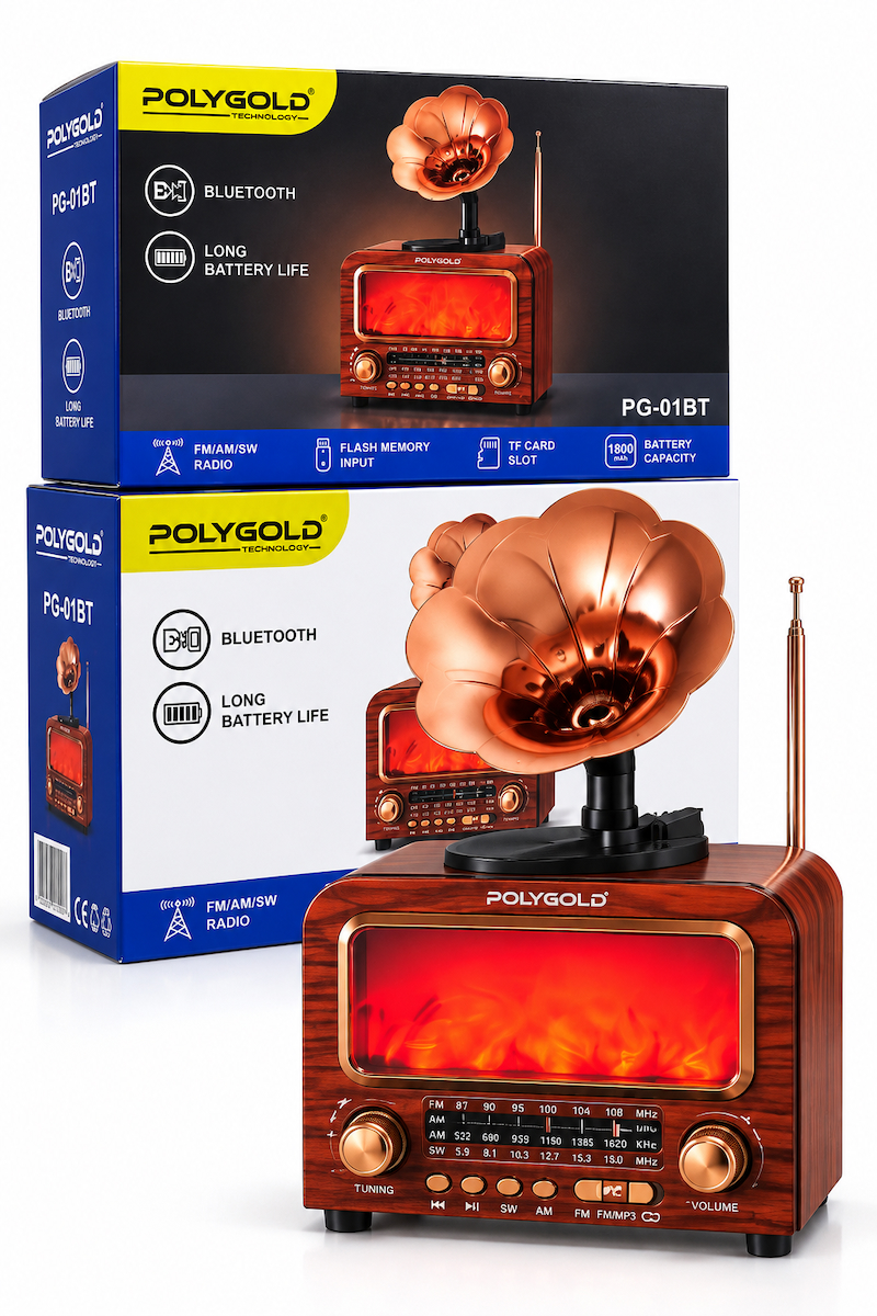 Polygold PG-01BT Bluetooth Gramofon Nostalji Speaker FM/AM/SW Radyo USB TF Kart 1800 mAh