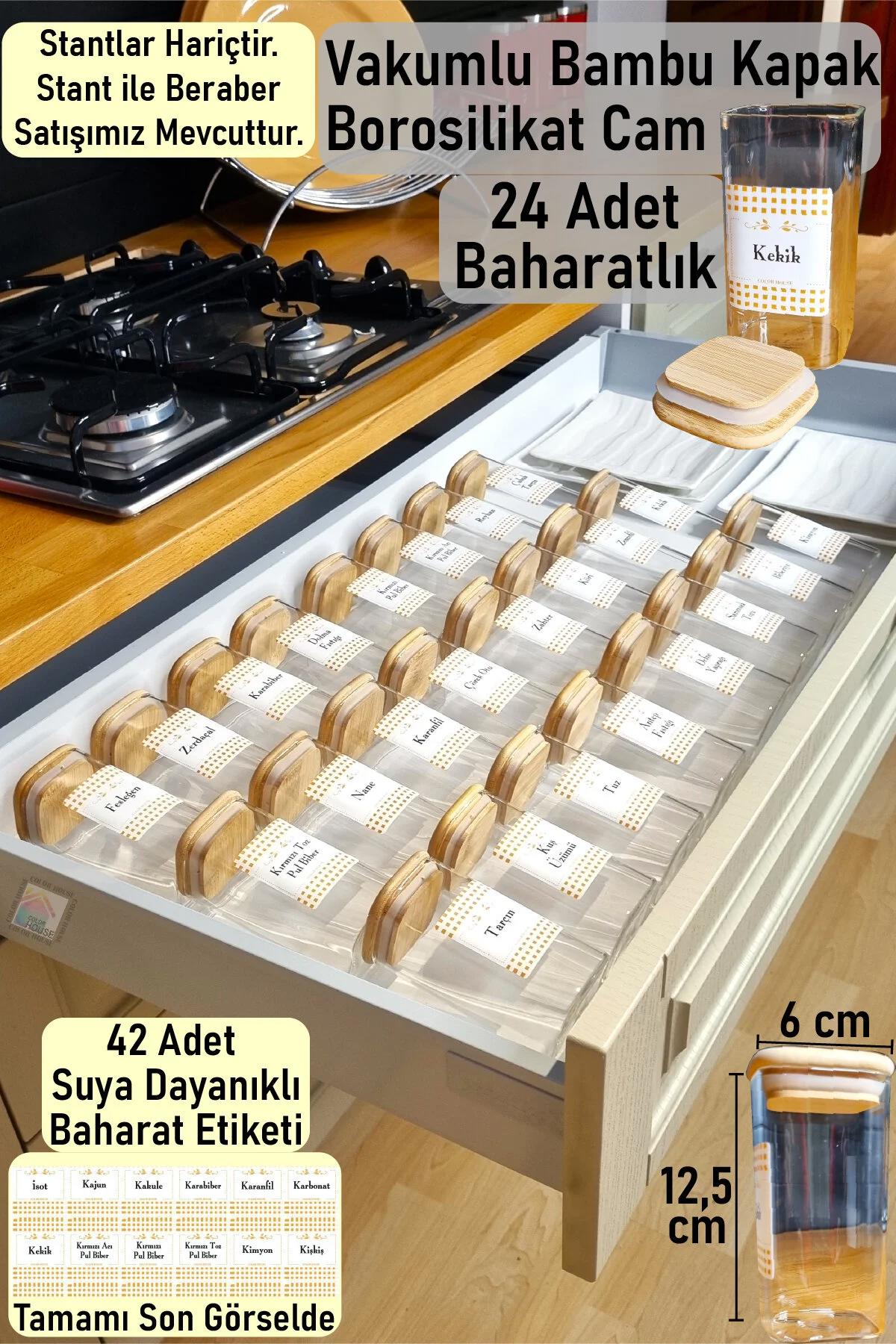 24 Adet Bambu Vakum Kapaklı Baharatlık Kavanoz 300 ml ( Stantlar Hariçtir )