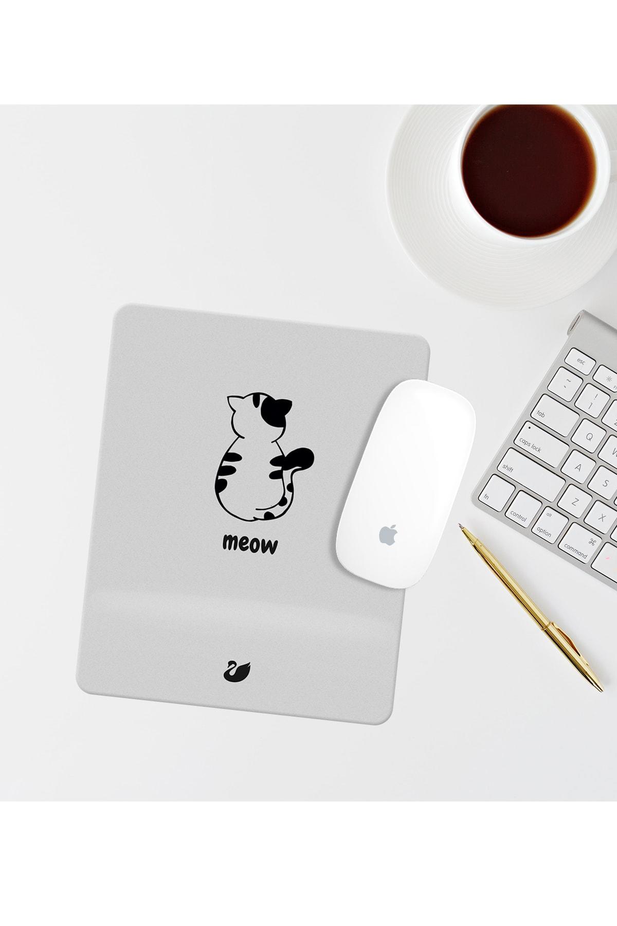 Minimal Kedi Çizimli Bilek Destekli Dikdörtgen Mouse Pad Mouse Altlığı