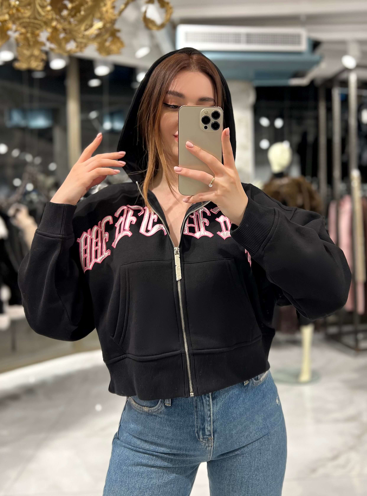 Hoodie Kapüşonlu Desen Detaylı Fermuarlı Sweat-Siyah