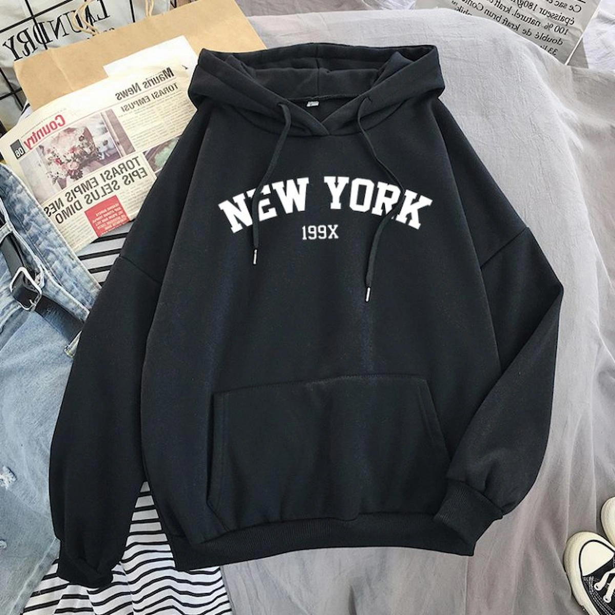 Unisex Oversize Siyah New York 199x Baskılı Kapüşonlu Sweatshirt