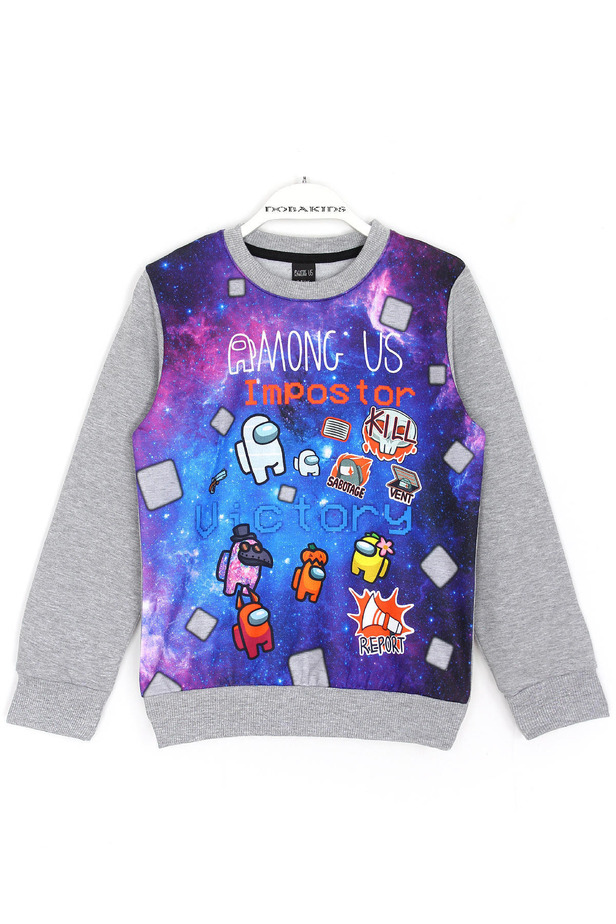 Among Us Erkek Çocuk Gri Oyun Karakterleri Baskılı Sweatshirt