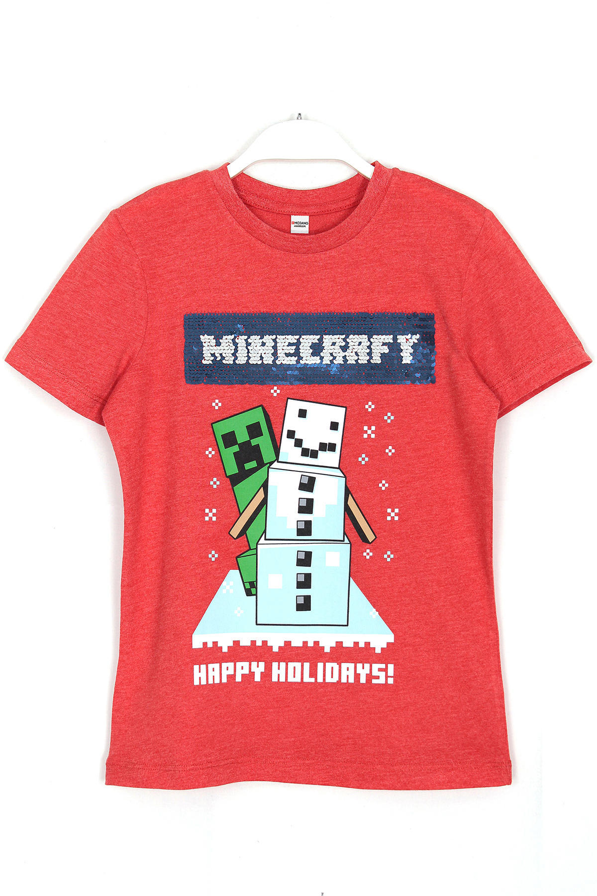 Minecraft Creeper Happy Holidays Çift Yönlü Pul Payetli Erkek Çocuk T-shirt Kırmızı