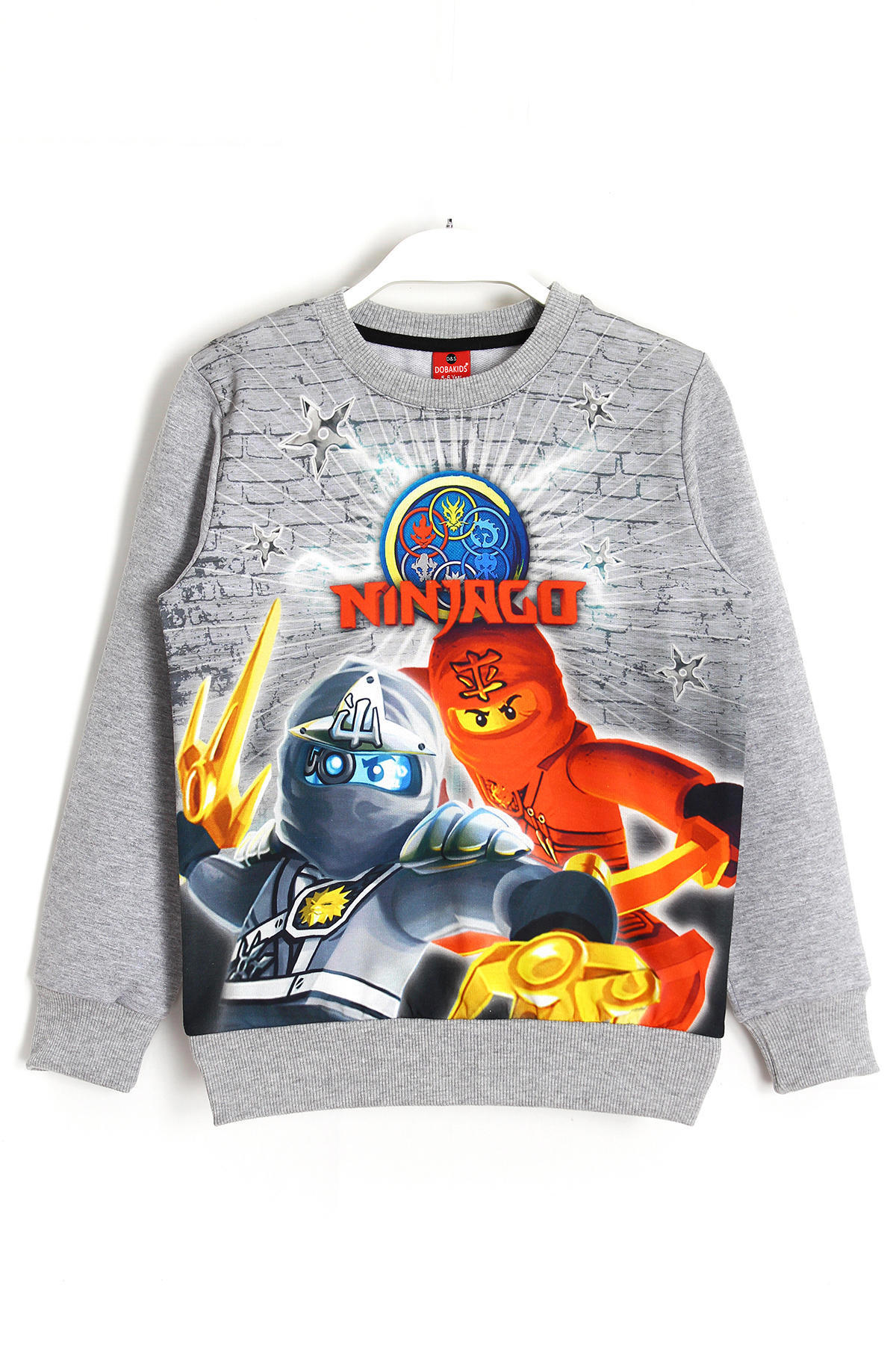 Ninjago Baskılı Erkek Çocuk 3D Mevsimlik Sweatshirt Gri Melanj