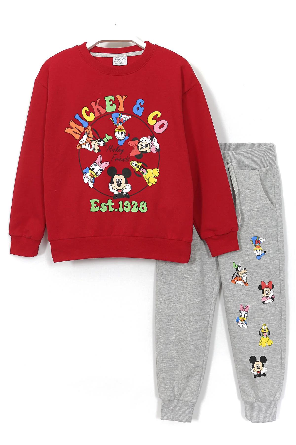 Mickey Friends Baskılı Unisex Çocuk Eşofman Takımı 3-9 Yaş Kırmızı Gri