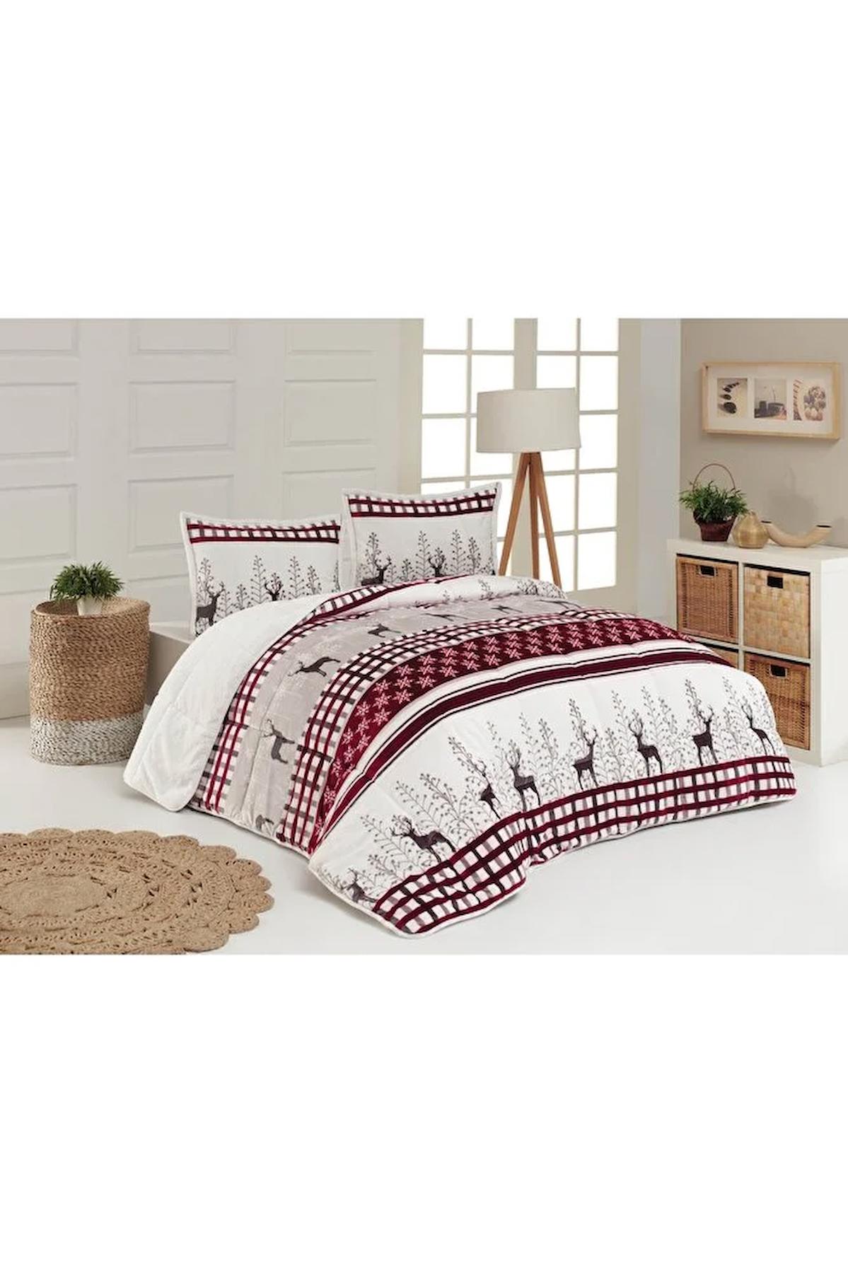 Comforter Çift Kişilik Yorgan Set  Deer Gri Kırmızı Renk Tek Ebat Beden