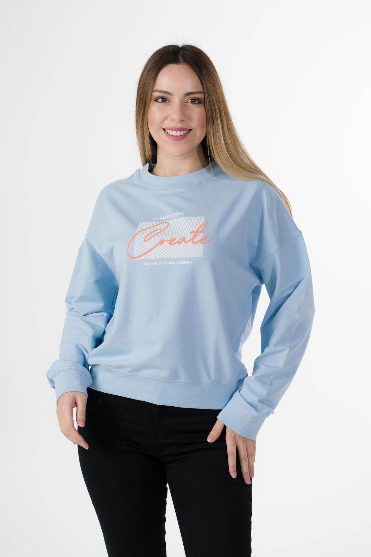 Zeplin Bayan Sıfır Yaka Sweatshirt (Baskı) Buz Mavisi