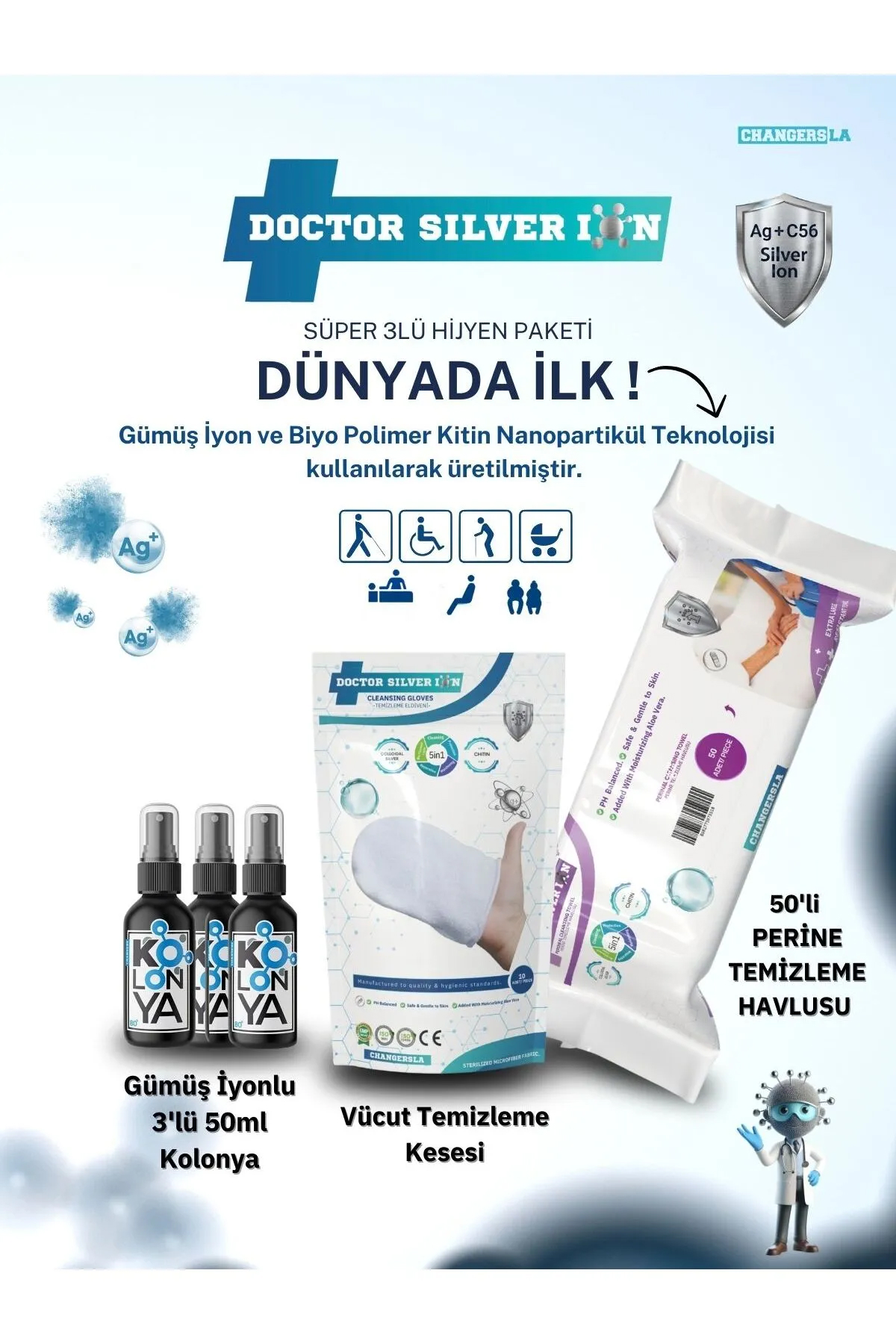 Gümüş İyonlu 3'lü 50ml Kolonya, Vücut Temizleme Kesesi ve 50'li Perine Islak Mendili Temizlik Seti