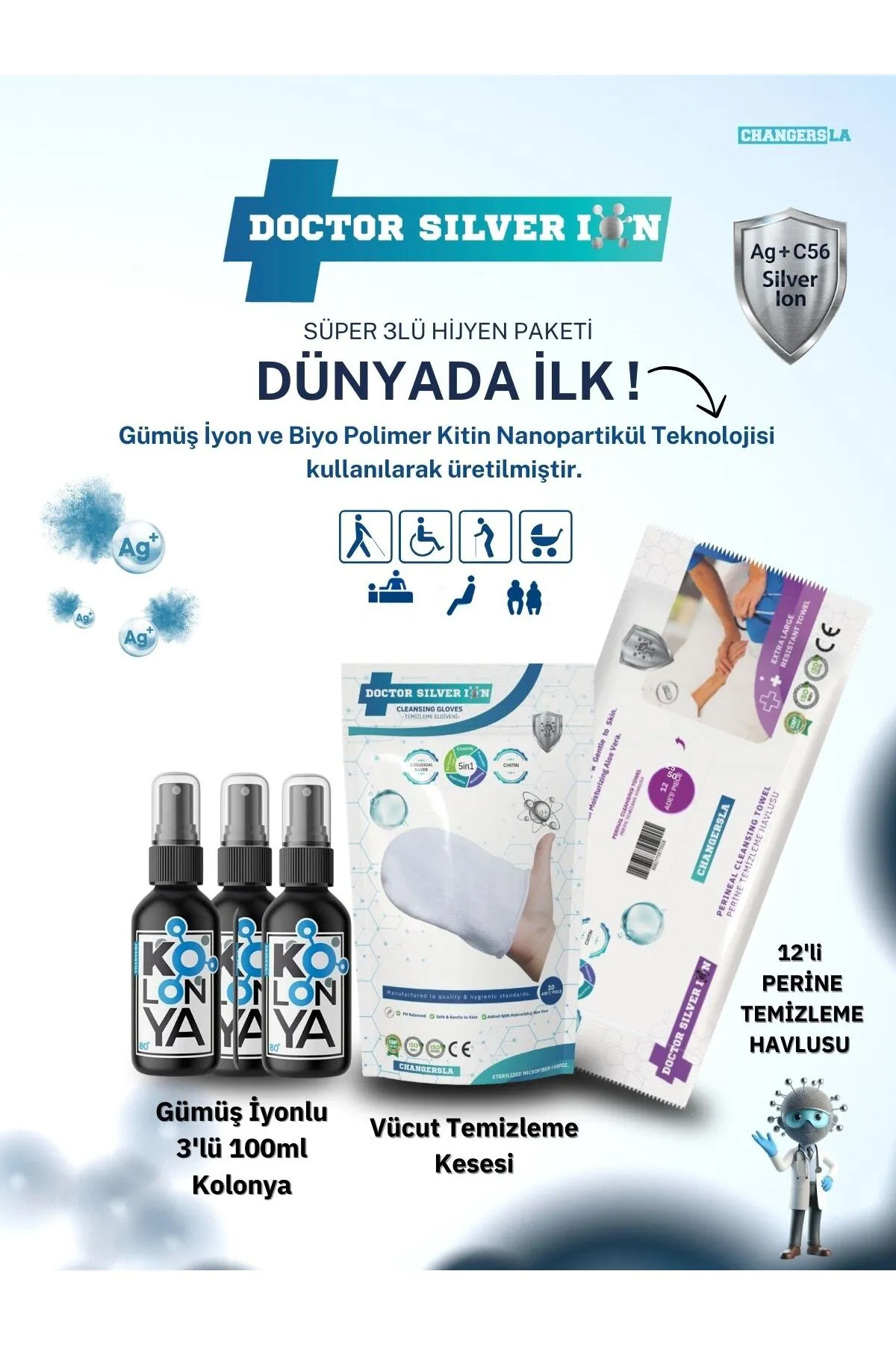 Gümüş İyonlu 3'lü 100 ml Kolonya  Vücut Temizleme Kesesi ve 12'li Perine Islak Mendili Temizlik Seti