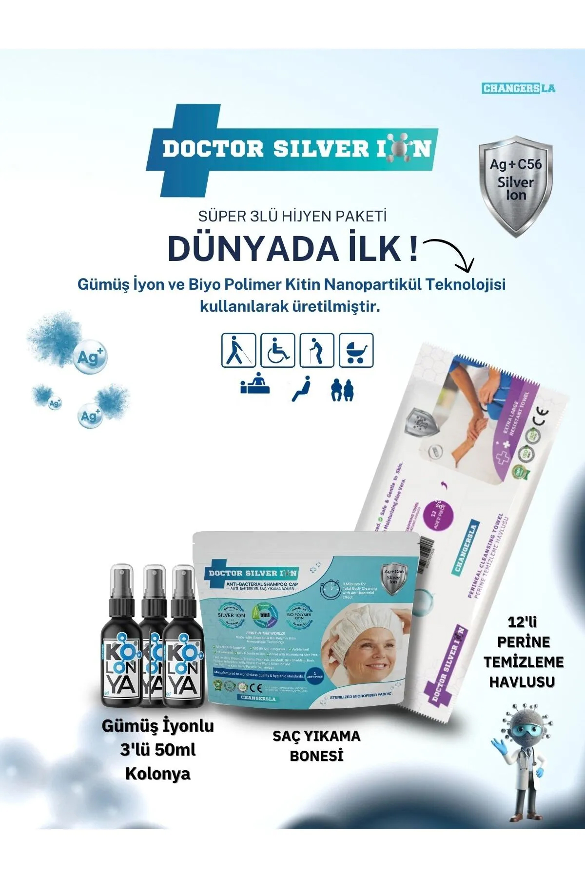 Gümüş İyonlu 3'lü 50 ml Kolonya Saç Yıkama Bonesi ve 12'li Perine Islak Mendili Temizlik Seti