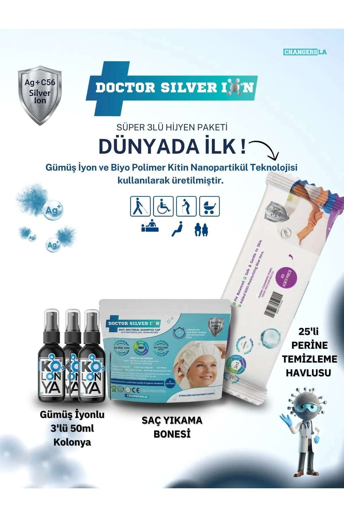 Gümüş İyonlu 3'lü 50ml Kolonya, Saç Yıkama Bonesi ve 25'li Perine Islak Mendili Temizlik Seti