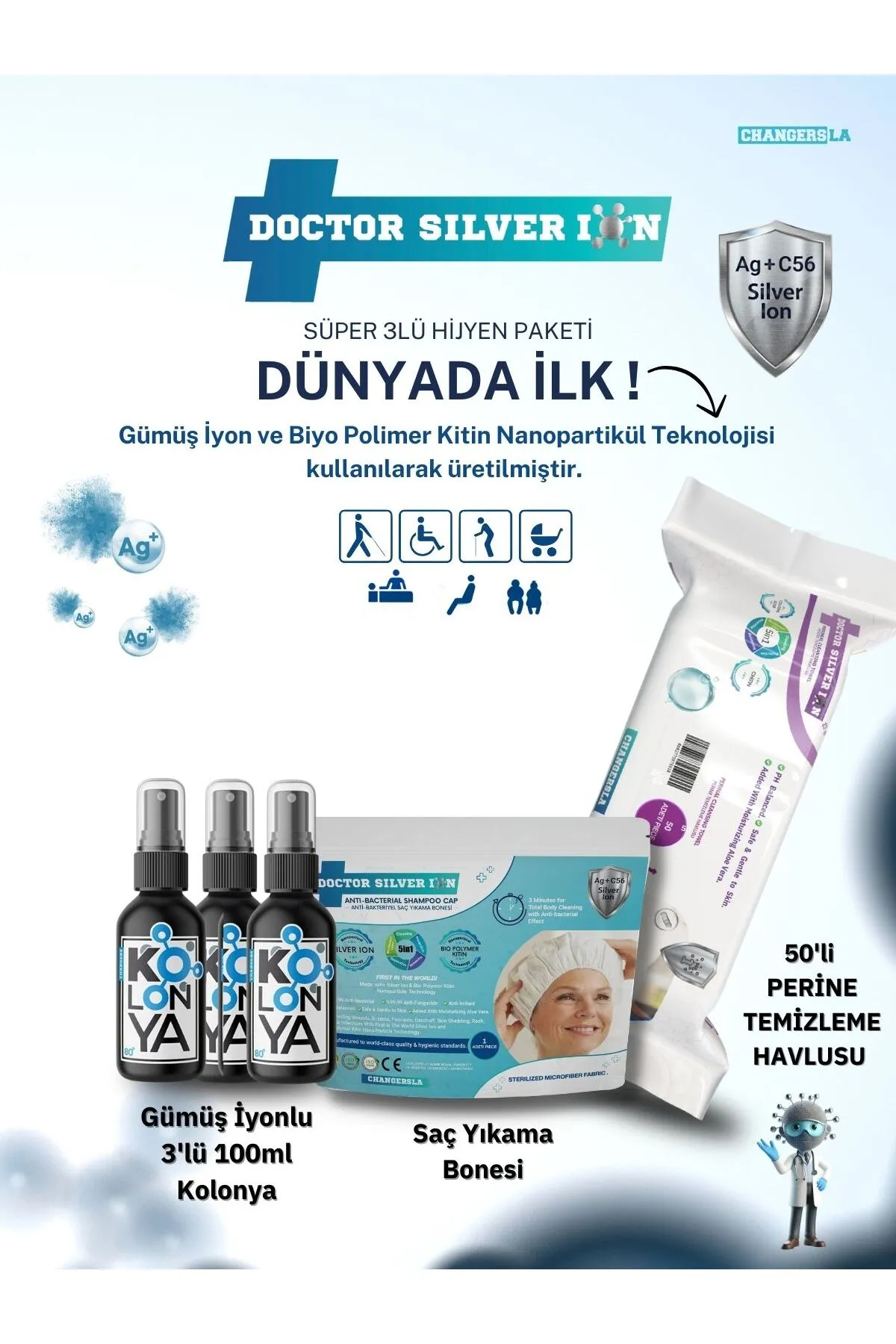 Gümüş İyonlu 3'lü 100ml Kolonya, Saç Yıkama Bonesi ve 50'li Perine Islak Mendili Temizlik Seti