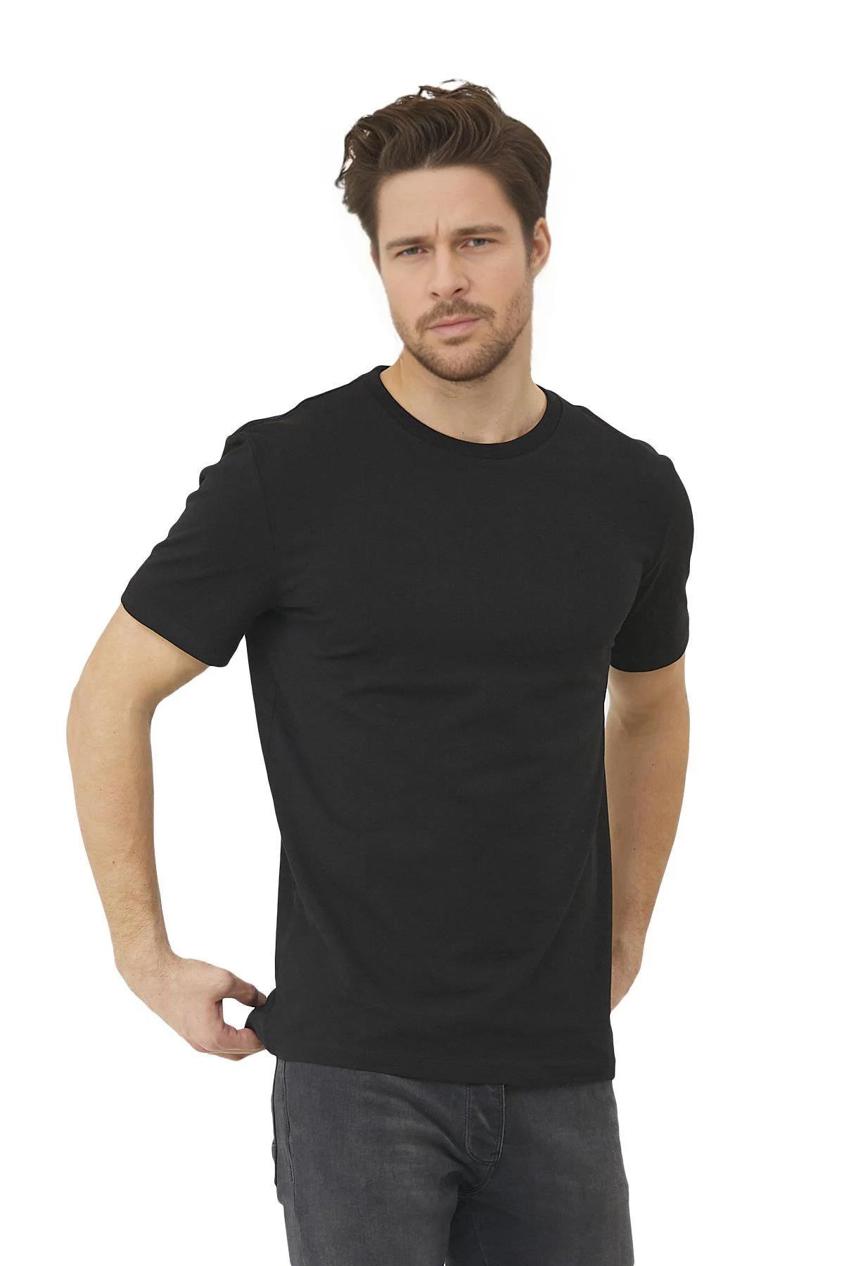 Erkek Slim Fit Dar Kalıp %100 Pamuk Bisiklet Yaka T-shirt Siyah Edw039