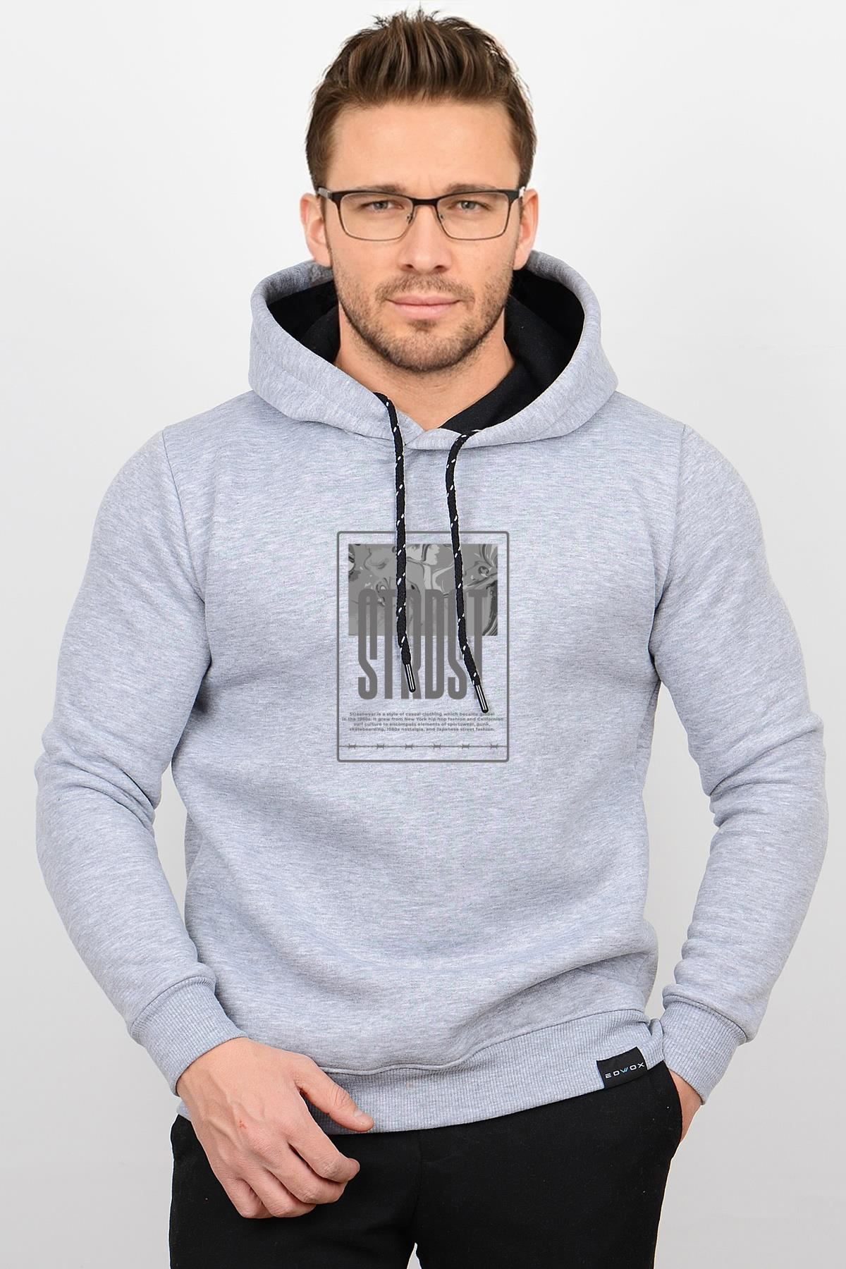 Üç Iplik Şardonlu Baskılı Kapüşonlu Sweatshirt Gri Edw197