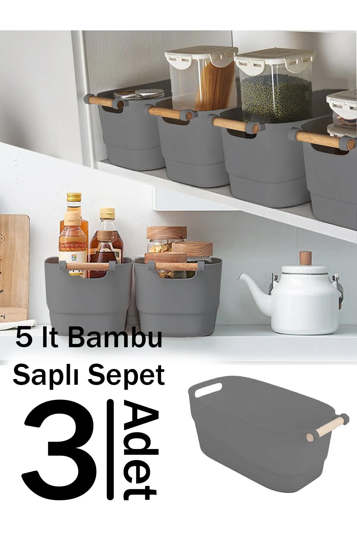 Gri 3 Adet Küçük Boy (5 Lt) Bambu Saplı Dekoratif Sepet, 3'lü Set Organizer Düzenleyici Kutu