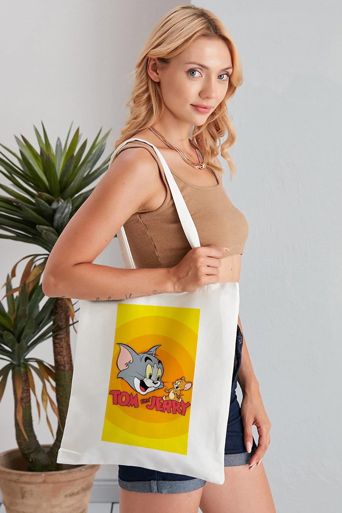 Tom And Jerry Model Baskılı Günlük Kullanım Özel Baskı Bez Omuz Çantası Hediyelik Tote Bag