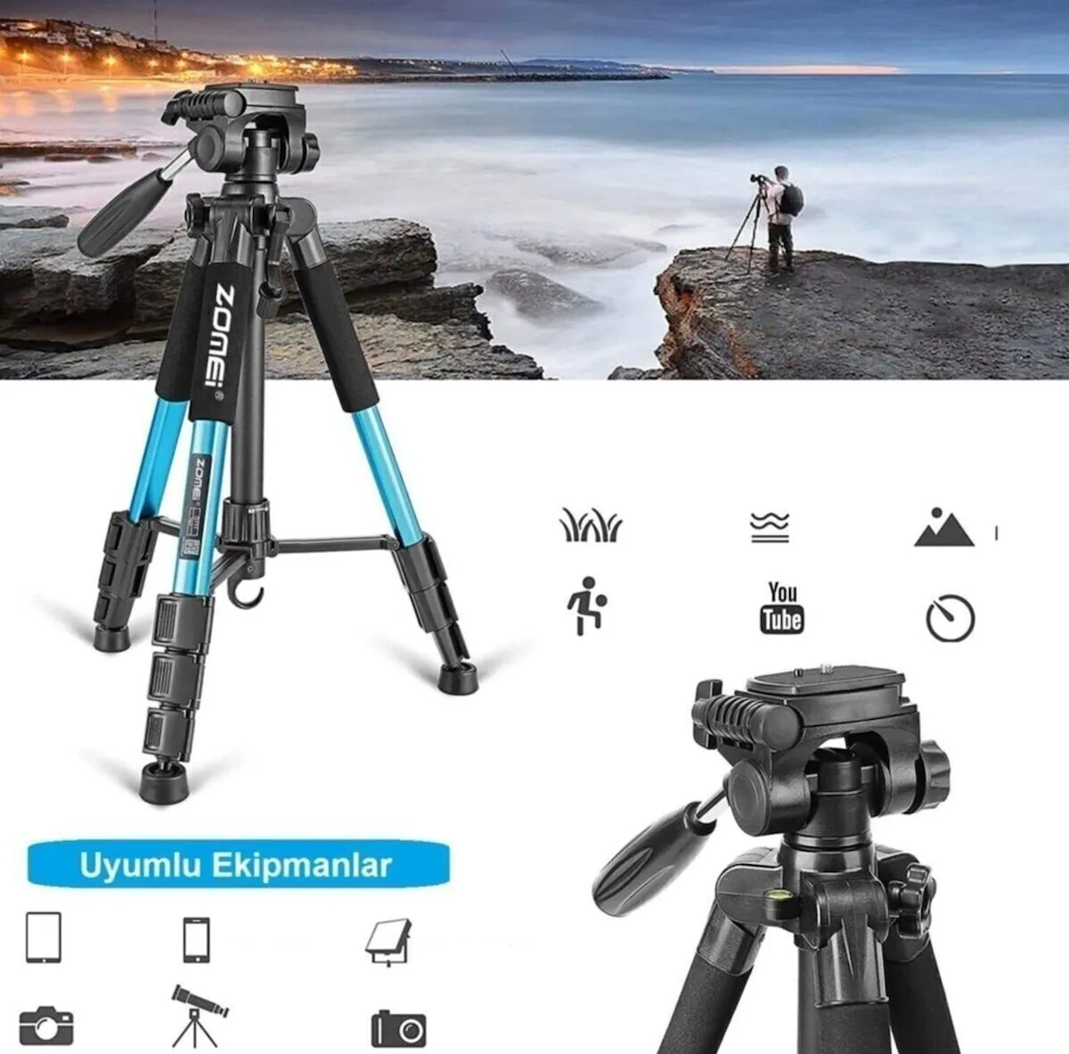 Q111 Profesyonel Alüminyum Tripod 5 Kg Taşıma Kapasiteli Çantalı Premium Tripod 140cm Yükseklik Kapasiteli Mavi