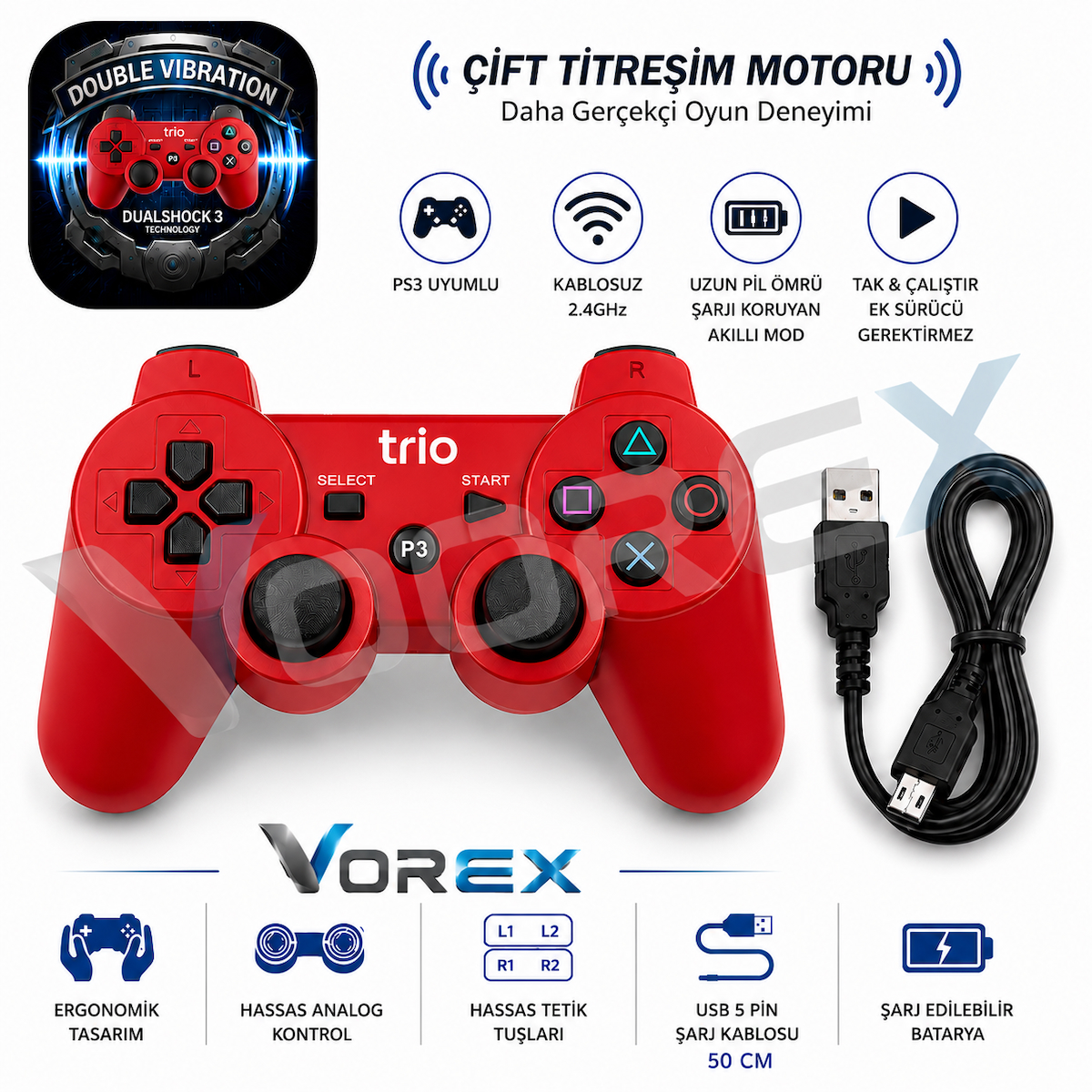 Trio TR-903 PS3 Uyumlu Kablosuz Oyun Kolu Çift Titreşim Wireless Controller USB Şarjlı