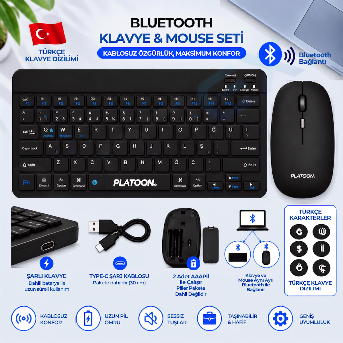 PL-388 Bluetooth Türkçe Q Mini Klavye Mouse Seti Şarjlı Klavye Pilli Mouse